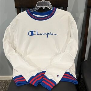 Champion White Sweatshirt with Blue and Red Trim
